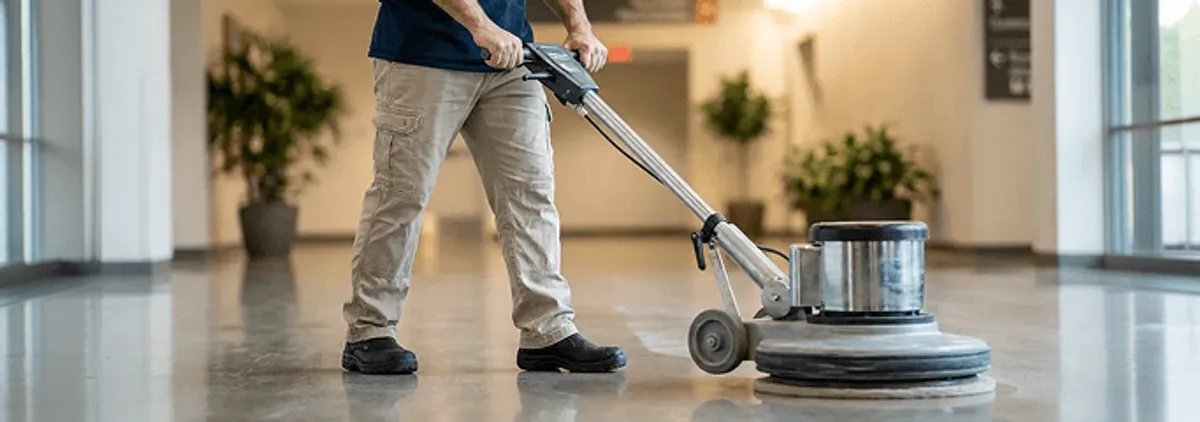 Professional technician using an industrial floor buffer to polish and maintain shiny commercial flooring in a corporate hallway in Saint Petersburg, FL.