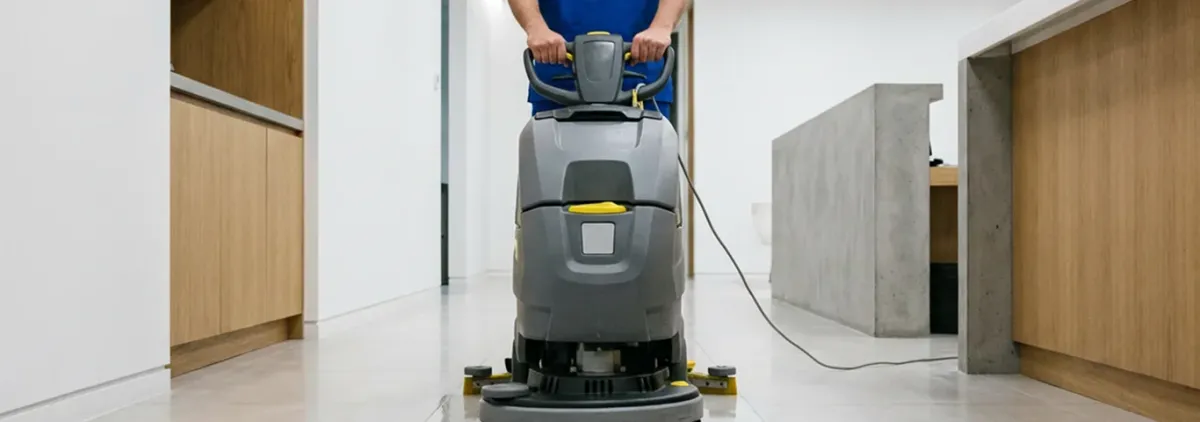 Janitorial staff using a floor scrubber machine to clean a commercial hallway, Saint Petersburg, FL.
