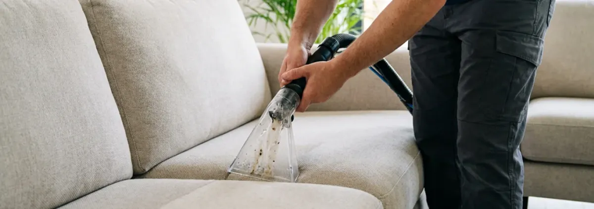 Technician extracting dirt and moisture from a fabric sofa with an upholstery cleaning wand, Saint Petersburg, FL.